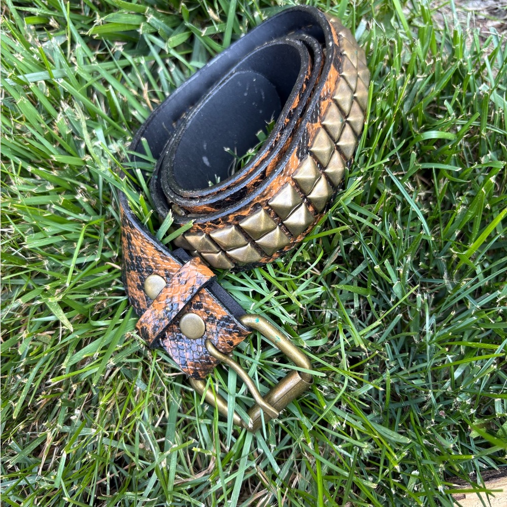 Studded Leather Belt - Gold and Brown